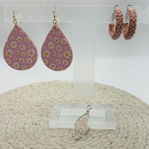 Pink Dangle Earrings, Hoop Earrings, and Rose Quartz Tree Pendant Set